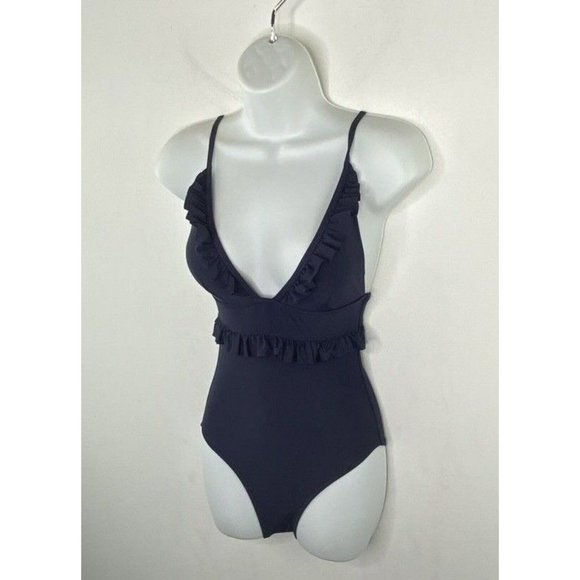 J. Crew $118 Long Torso Ruffle Deep-V One-Piece Swimsuit Size 0 AV682 Navy Blue - Picture 4 of 7